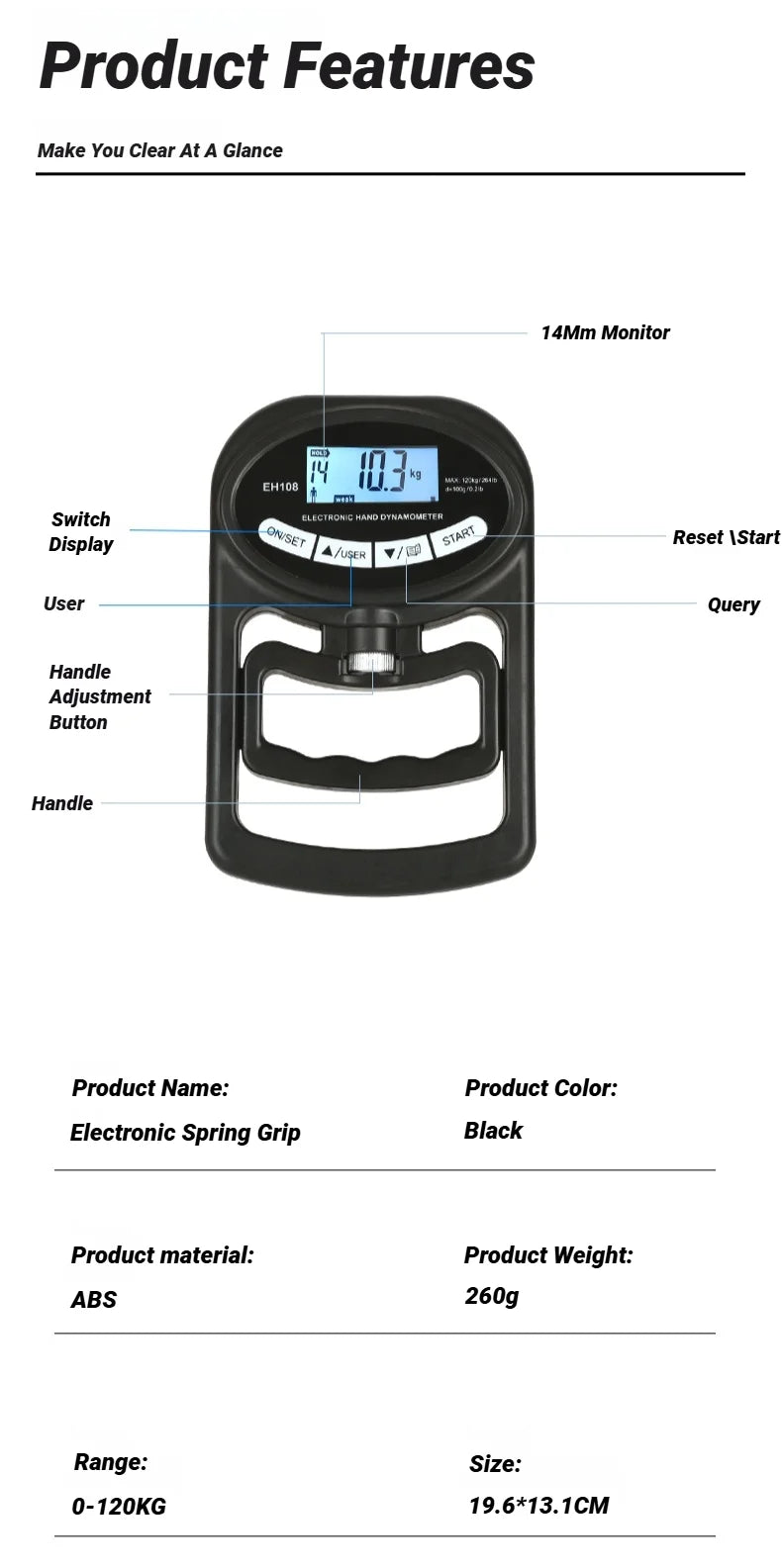 Digital Grip Strength Meter - Massures - 265Lbs / 120Kg